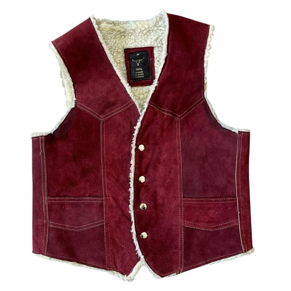 Vintage Western Suede Leather Vest Sherpa-Lined Red Leather